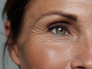 Detailed close-up of a mature womans face, highlighting natural wrinkles and skin texture, symbolizing aging gracefully and beauty. Perfect for skincare ads, health articles, and beauty campaigns.