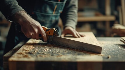 Carpenter using a saw to cut a wooden board for furniture. Featuring craftsmanship and focus