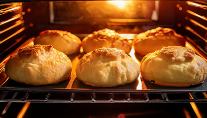 Golden, fluffy bread rolls are rising perfectly in the warm glow of an oven, capturing the delicious anticipation of homemade baking at its finest moment.