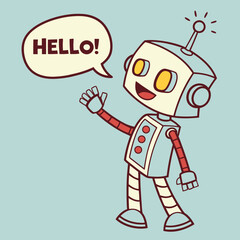 Obraz premium Pop Art Robot Character Waving – Comic Tech Style