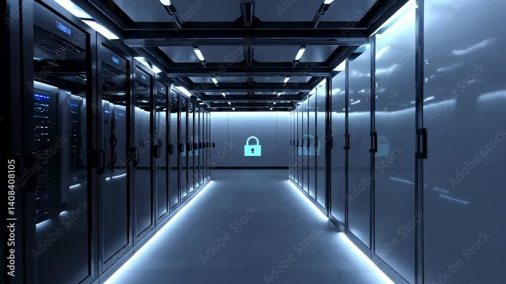 Poster Server room metal door sliding open, revealing long rows of blinking computer servers with digital padlock icon highlighting advanced data protection and network security infrastructure