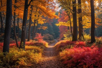 Magical Autumn Woodland Scenery with Sunlit Trails and Vibrant Foliage
