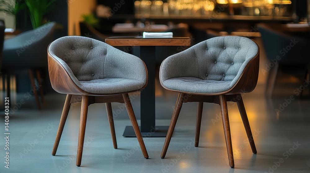 Aufkleber Stylish dining setup with elegant chairs and a table in a well-lit restaurant surrounded by greenery during the afternoon