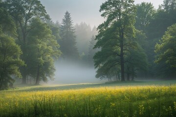 Picturesque Summer Landscape of a Misty Clearing Surrounded by Trees