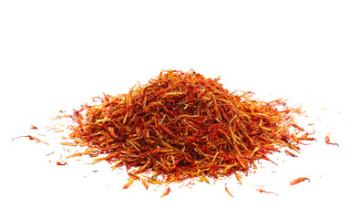 Fototapeta premium Safflower dry petals, exotic spice isolated on white, side view 