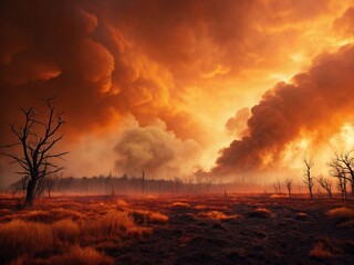 Fototapeta premium Majestic dance of fire and sky over a desolate landscape at twilight