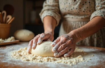 Fototapeta premium Elderly woman hands covered flour kneading dough on wooden table. Baking preparation, culinary process of making rustic homemade bread. Close-up of cook hands in cozy kitchen.