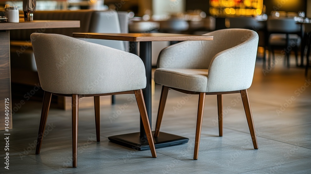 Poster stylish dining setup with elegant chairs and a table in a well-lit restaurant surrounded by greenery