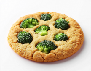 Delicious cookie  with broccoli instead of chocolate! Funny illustration of broccoli pie dessert or snack, with mouth-watering crunchy golden crust, tasty treat, original cake with unprecedented taste