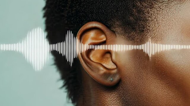 Sound waves are entering a woman's ear canal, illustrating the process of hearing and potentially highlighting hearing problems or audiology concepts