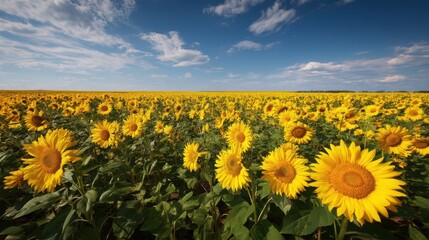 Obraz premium Vast sunflower field under a bright blue sky, symbolizing summer, growth, and abundance. Ideal for agriculture, nature documentaries, and inspirational backgrounds.