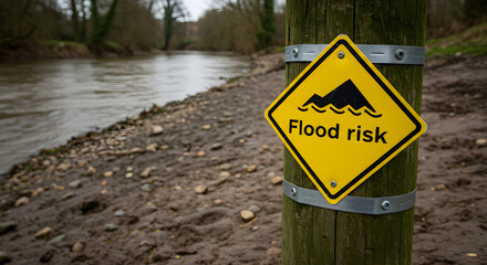 Flood Risk Indication Sign Near Riverbank, Cautionary Tale Against Natural Disaster