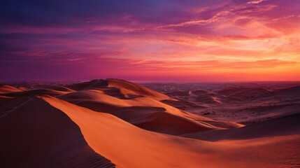 Naklejka premium Breathtaking desert landscape with rolling sand dunes under a vibrant sunset sky, representing tranquility and vastness. Perfect for travel blogs, nature documentaries, and inspirational backgrounds.