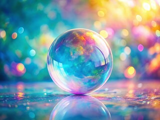 Colorful abstract sphere reflects vibrant pastel rainbow background in dreamy setting