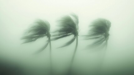 Three palm trees with their fronds whipping in a strong, misty wind; a light, overcast sky; muted greens and grays