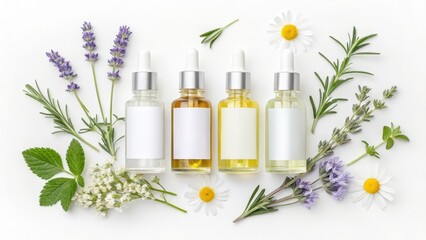 A serene arrangement of essential oil bottles surrounded by fresh herbs and flowers, highlighting natural beauty and wellness.