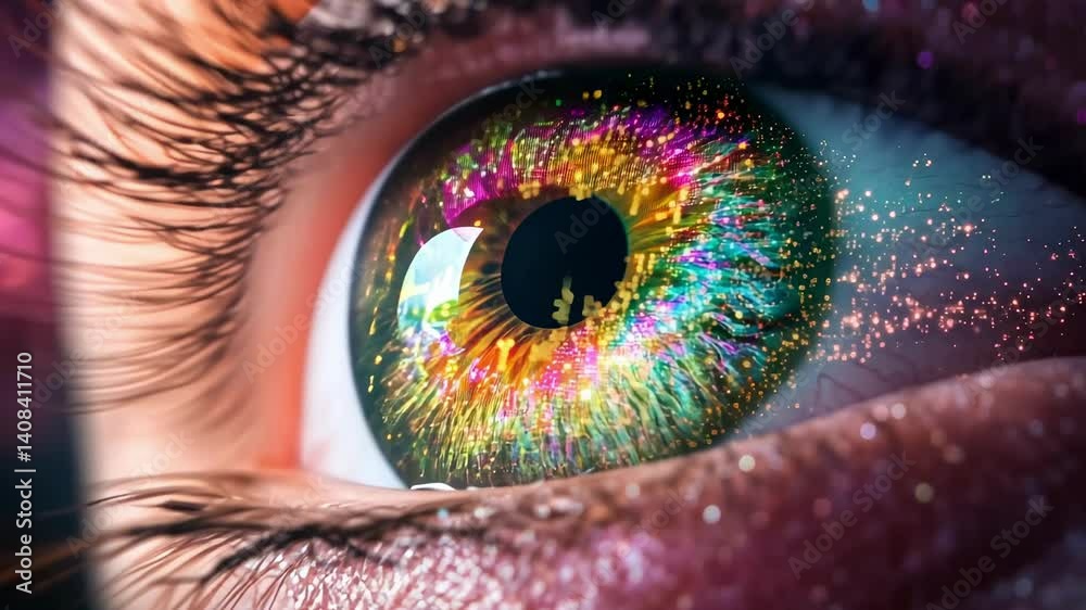 Poster glittering digital particles emanate from a colorful iris, showcasing a futuristic concept of vision