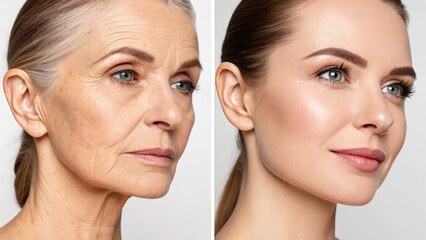 A split-image showing a woman's face depicting aging on one side and a youthful appearance on the other, highlighting the effects of skincare or cosmetic treatments.