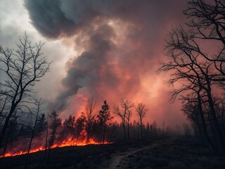 Fototapeta premium Dark maroon and ash grey sky illuminated by ember veils of a forest fire at dusk