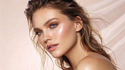 Naklejka premium A close-up portrait of a woman with dewy skin and flowing hair, showcasing beauty and elegance against a soft, neutral background.