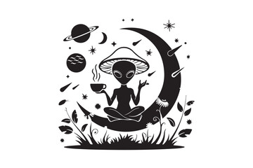 Alien Mushroom Moon Art Mystical Cosmic Vector Design