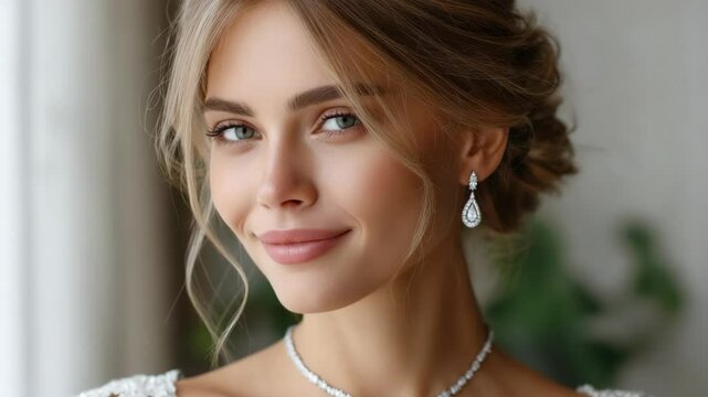 Portrait of a graceful blonde woman with elegant jewelry, soft smile, and refined features near a window, conveying serenity and sophistication.