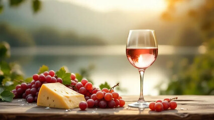 A glass of pink wine, grapes and camembert on the table plus blurred lake in the background.
