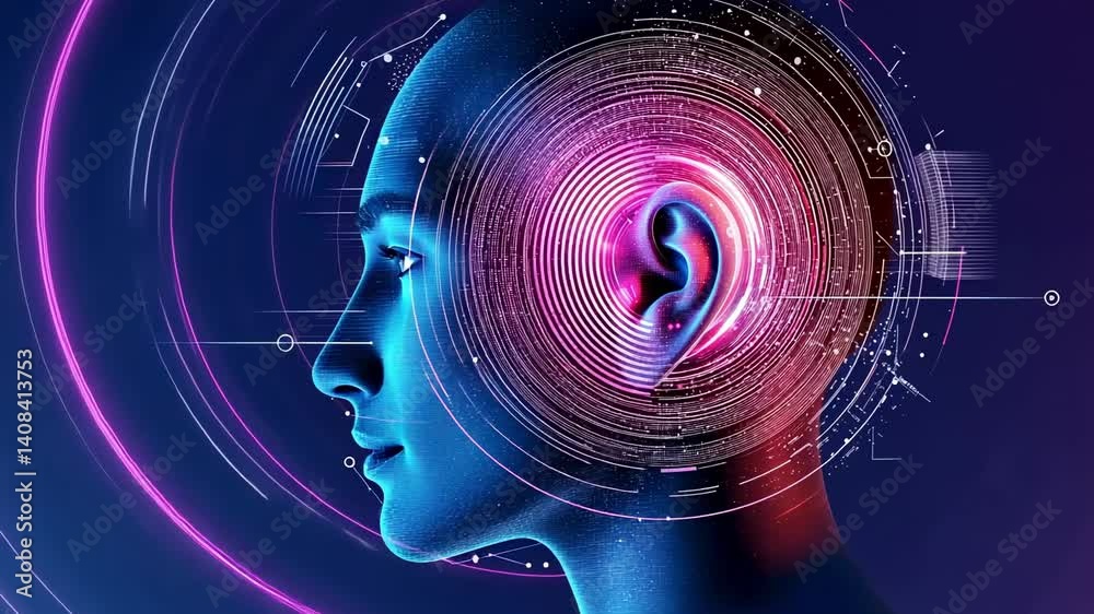 Aufkleber Advanced technology visualizing sound waves entering human ear, analyzing neural communication through futuristic medical rendering highlighting sensory processing and digital health innovation