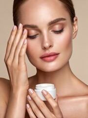 A close-up of a woman applying cream to her face, showcasing a natural beauty look and healthy skin with soft lighting.