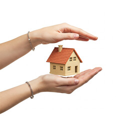 Protecting Your Dream Home: Close-Up of Hands Gently Holding a Miniature House on a White Background