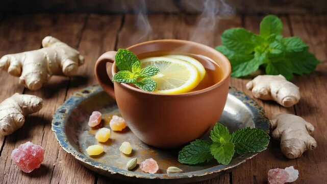 Invigorating ginger tea with lemon and mint served on rustic tray atop a wooden surface, garnished with crystalized ginger pieces.
