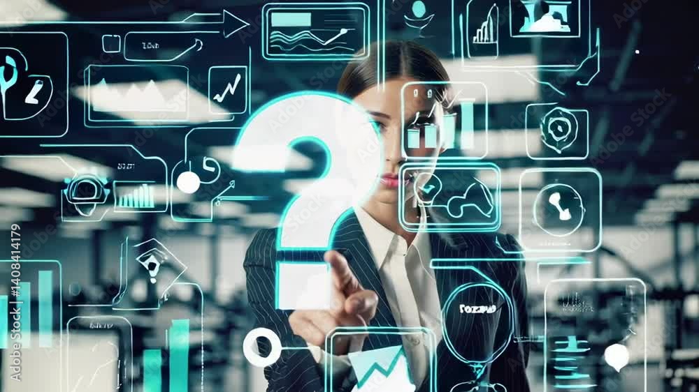 Poster Businesswoman interacting with holographic interface displaying question marks and data analysis charts, exploring solutions and making decisions in a technological corporate environment