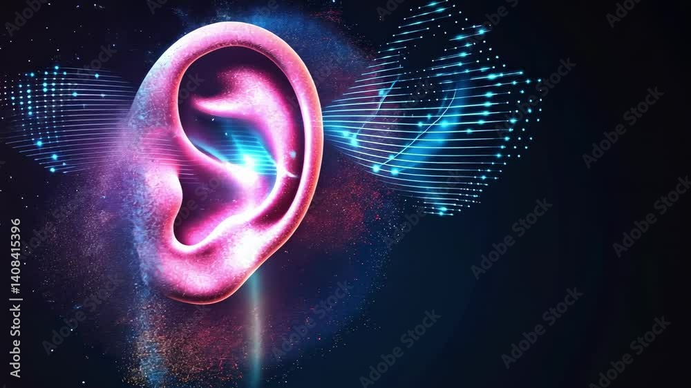 Aufkleber Sound waves are entering a human ear, creating a visual representation of the hearing process with light and particles effects on a dark background