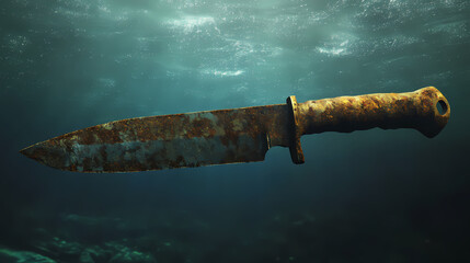 Rusty knife underwater. Sunken Blade. Illustration