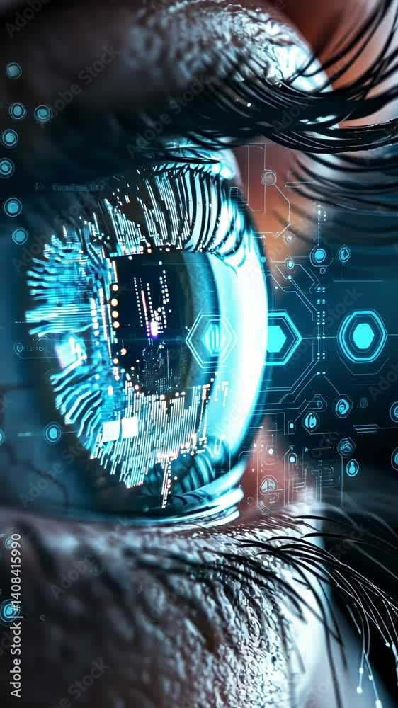 Poster close up of an eye reflecting a futuristic circuit board, showcasing the integration of technology a