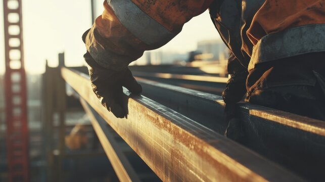 Ironworker securing metal framework for construction. Featuring strength and technique