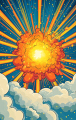 A vibrant explosion of orange and yellow bursts through a dark blue sky, radiating energy and light.