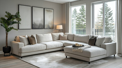 Fototapeta premium Neutral sectional sofa in elegant living room design for spacious comfort