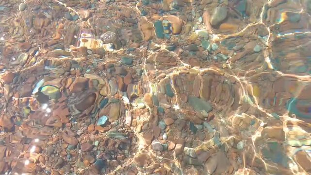 This footage captures the vibrant, colourful stones visible beneath the clear waters of Assyk Kul Lake, showcasing the beauty of the shoreline in Kyrgyzstan.