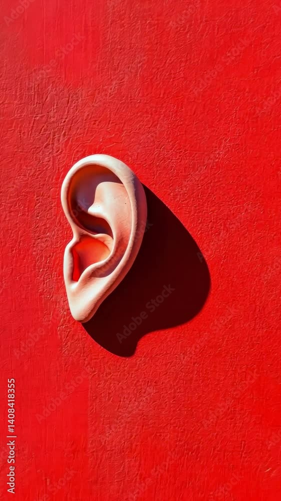 Poster Plastic ear model progressively getting closer on a red background, ideal for representing concepts related to hearing, listening, or auditory perception