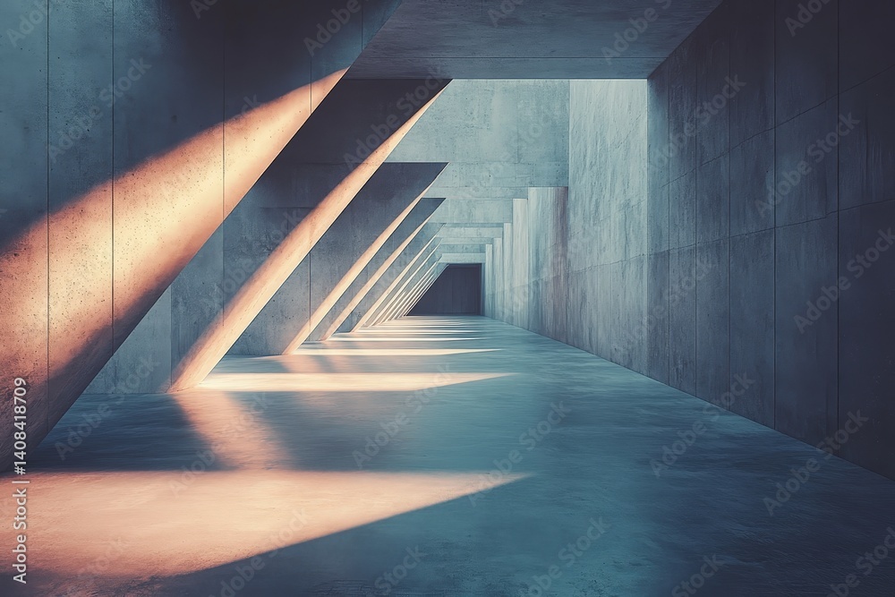 Poster Unique architectural design captures light and shadows in modern concrete interior with angular forms and dramatic staircases in a large, open space