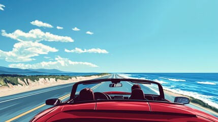 A red convertible travels down a scenic coastal highway on a sunny day