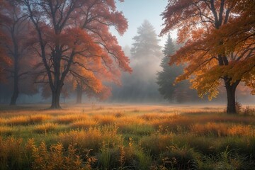 Luminous Fall Meadow Surrounded by Enchanted Fog and Vibrant Trees in Autumn