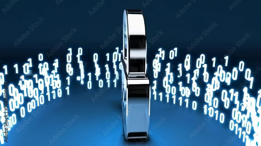 Leinwandbilder Metallic padlock spinning against blue backdrop, surrounded by streaming binary code, representing robust digital security and data encryption process