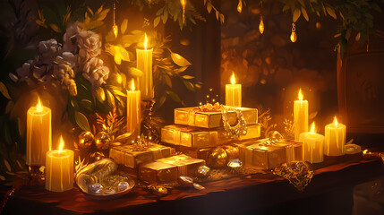 A festive table arrangement with gold ingots glowing candles and traditional charms. Enchanted Ingot. Illustration