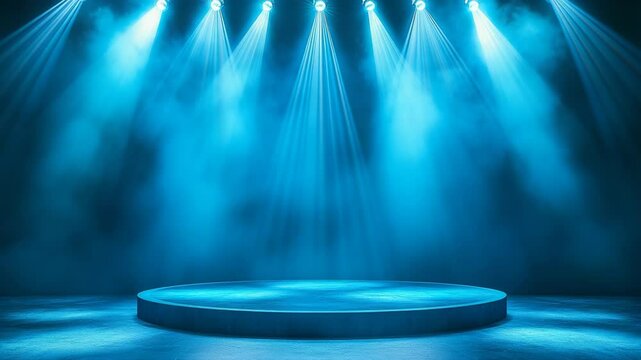 Abstract blue illuminated stage platform with lighting spotlights and mist, elegant studio with empty space, modern product display background.