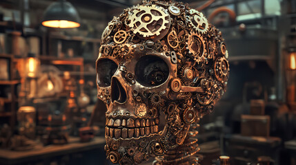 Steampunk mechanical skull crafted from intricate brass gears and cogs, antique copper textures, victorian workshop background, warm lantern lighting,. Illusionists Forge. Illustration