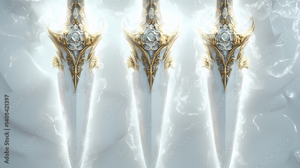 Fototapete Enchanted daggers with ethereal symbols, set against a pristine white backdrop, showcasing intricate designs and a magical aura in a captivating 3d rendering. Ethereal Forge. Illustration