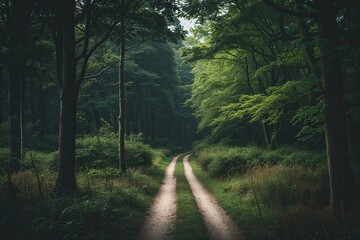 Fototapeta premium Dark Moody Forest Path with Green Trees in a Vintage Natural Background