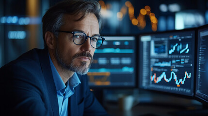 Fototapeta premium Professional man analyzing stock market data in modern office environment during evening hours